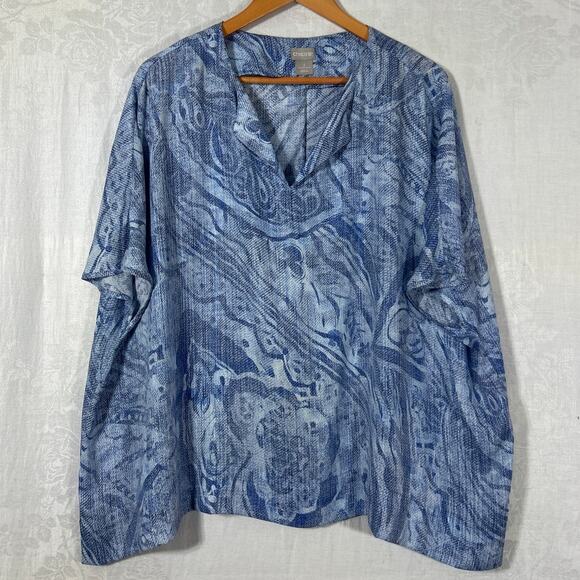 Chicos Blouse 3 XL Blue White Abstract Print Satin Dolman Sleeve Flowy Boxy - Picture 1 of 8